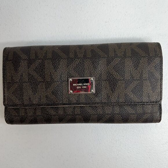 Michael Kors Checkbook Wallet Large Jet Set Travel Signature Brown Monogrammed - Picture 2 of 15